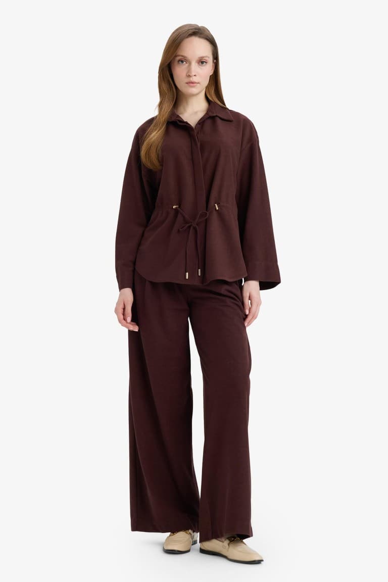 Regular Fit Elastic Waist Suede Long Sleeve Shirt