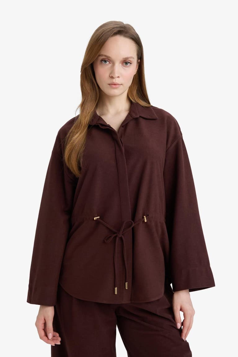 Regular Fit Elastic Waist Suede Long Sleeve Shirt
