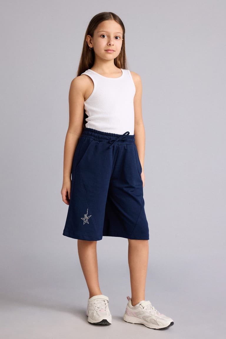 Elastic Waist Drawstring Navy Blue Shorts Girls