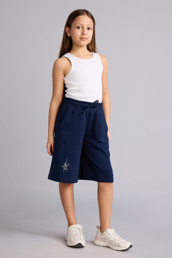 Elastic Waist Drawstring Navy Blue Shorts Girls