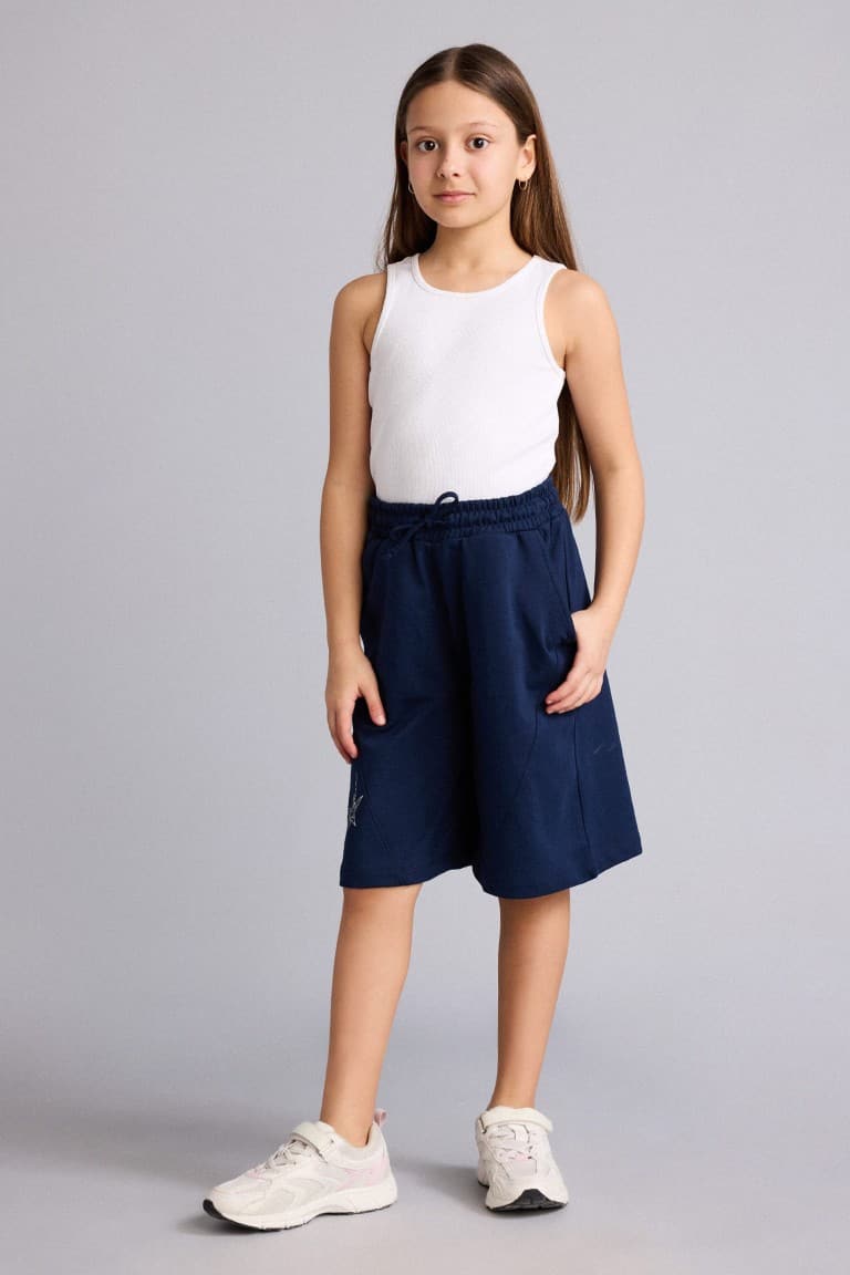 Elastic Waist Drawstring Navy Blue Shorts Girls Secondary image