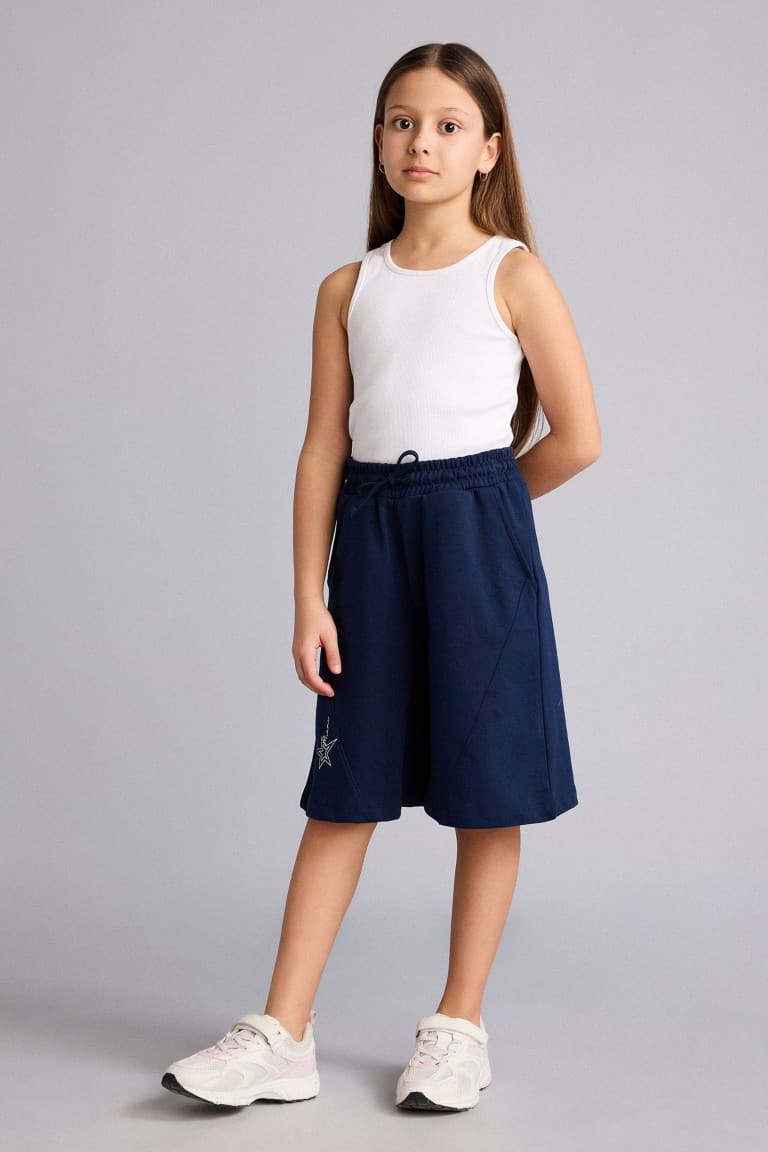 Elastic Waist Drawstring Navy Blue Shorts Girls