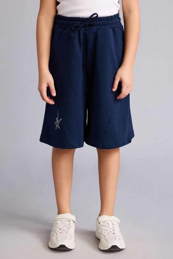 Elastic Waist Drawstring Navy Blue Shorts Girls
