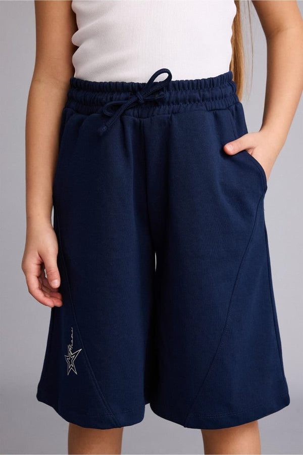 Elastic Waist Drawstring Navy Blue Shorts Girls
