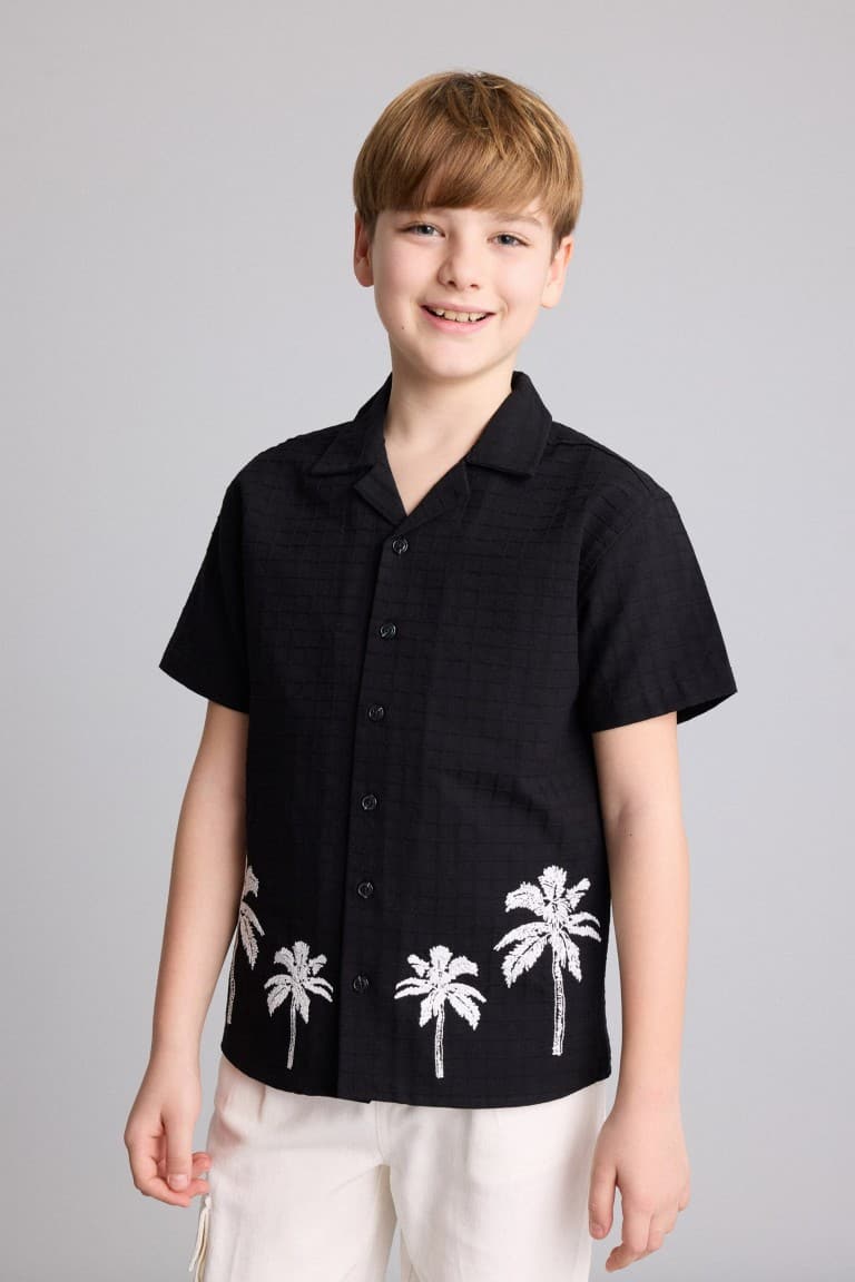 100% Cotton Regular Fit Polo Collar Tropical Patterned Short Sleeve Shirt for Boys
