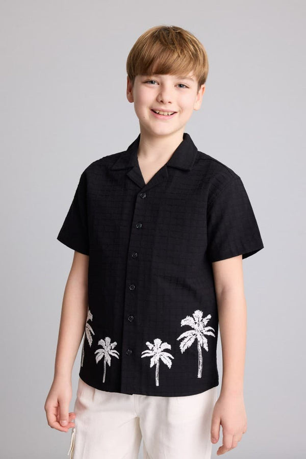 100% Cotton Regular Fit Polo Collar Tropical Patterned Short Sleeve Shirt for Boys