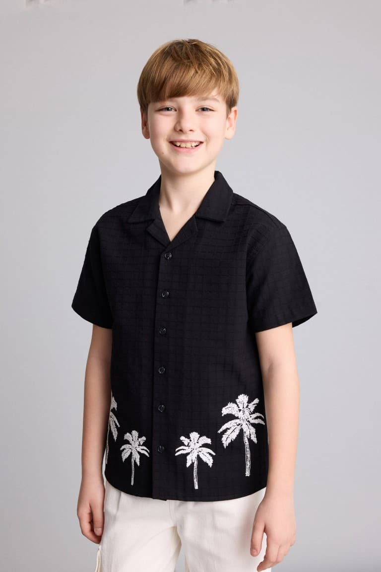 100% Cotton Regular Fit Polo Collar Tropical Patterned Short Sleeve Shirt for Boys
