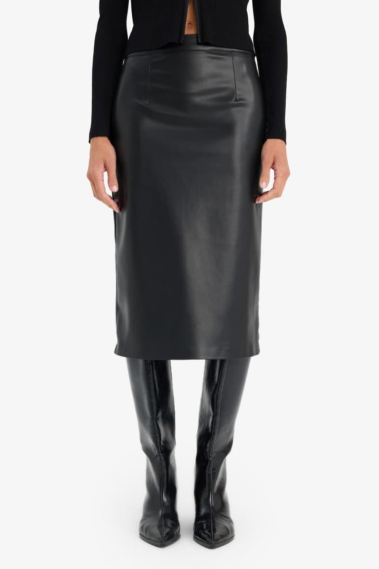 Pencil Normal Waist Faux Leather Mi Skirt