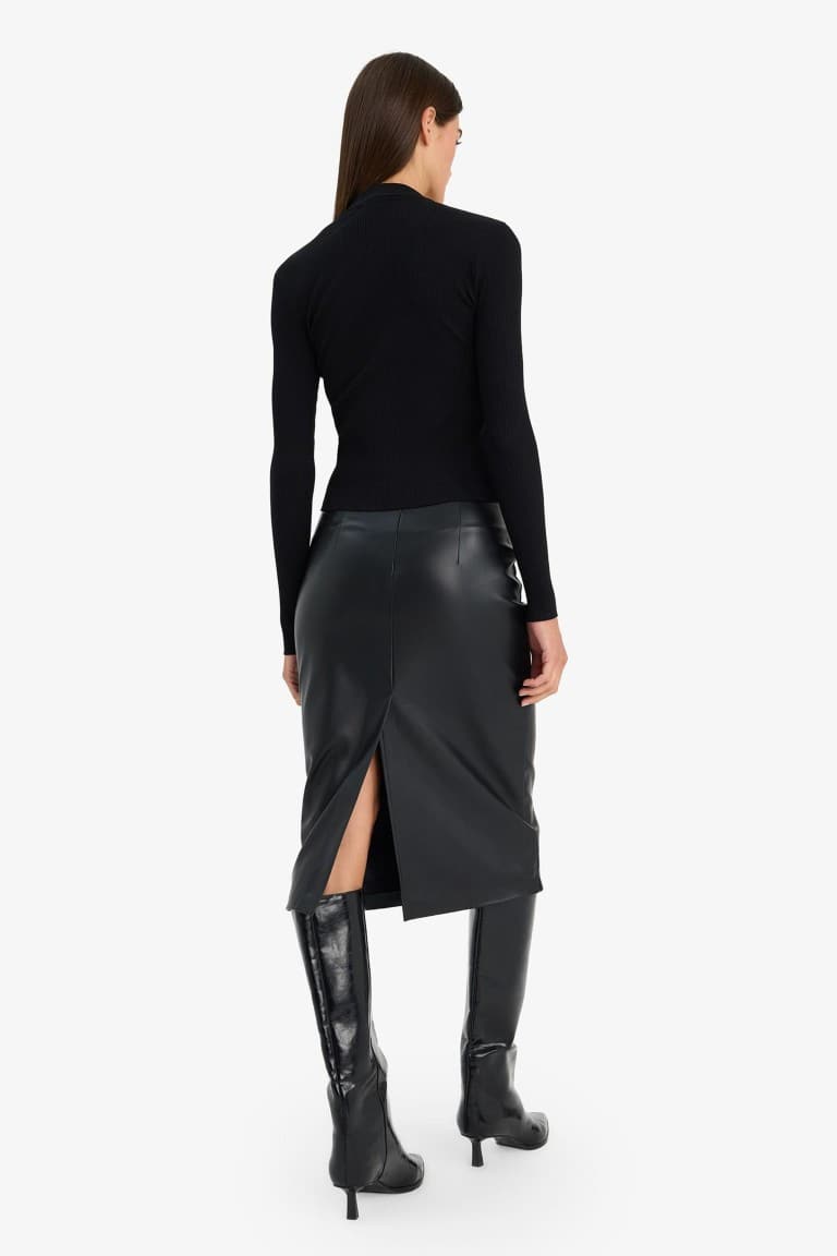Pencil Normal Waist Faux Leather Mi Skirt