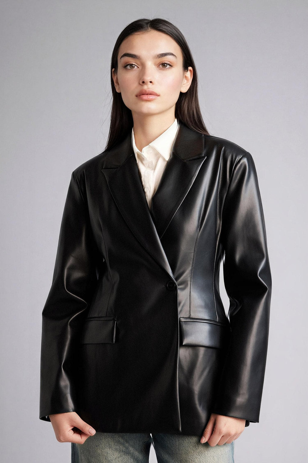 Fitted Faux Leather Blazer Jacket