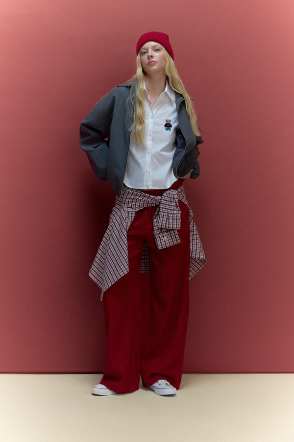 Wide Leg Standard Size Corduroy Trousers with Double Pockets