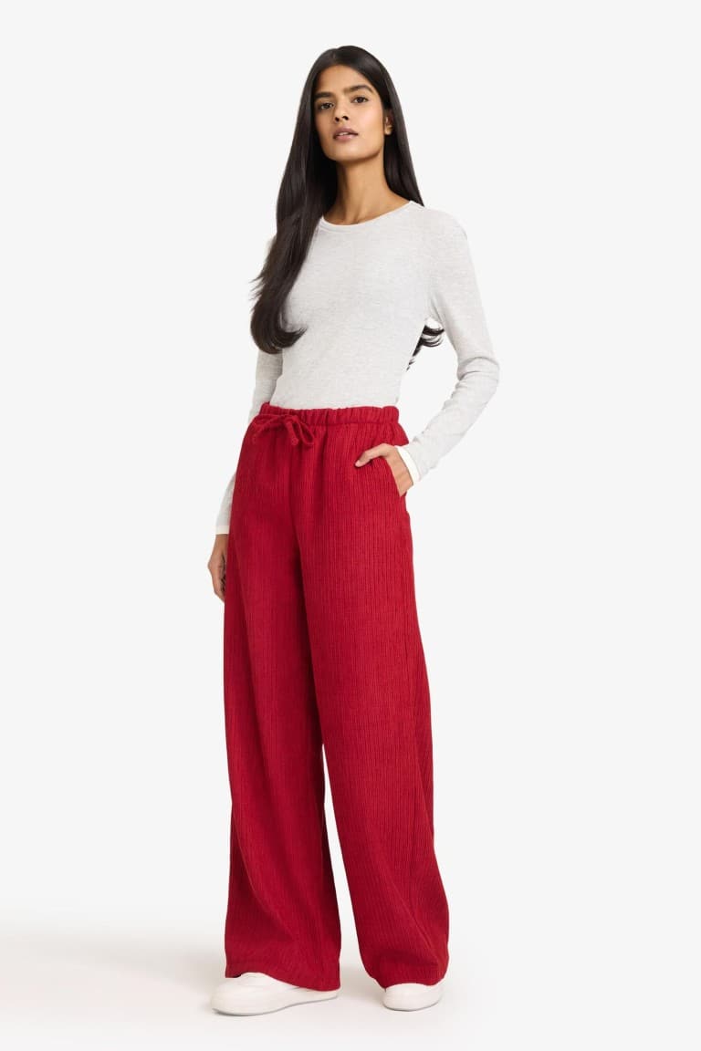 Wide Leg Standard Size Corduroy Trousers with Double Pockets