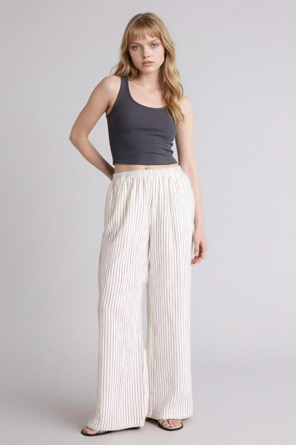 Wide Leg Pocket Detailed Normal Waist Standard Size Muslin Trousers