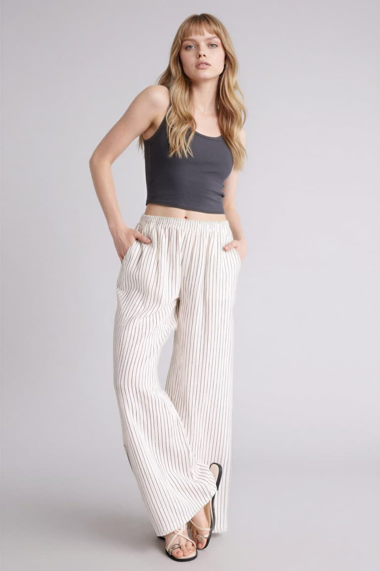 Wide Leg Pocket Detailed Normal Waist Standard Size Muslin Trousers