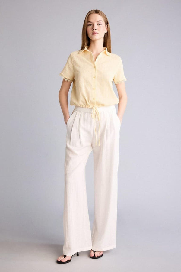 Wide Leg Pocket Detailed Normal Waist Standard Size Linen Look Trousers