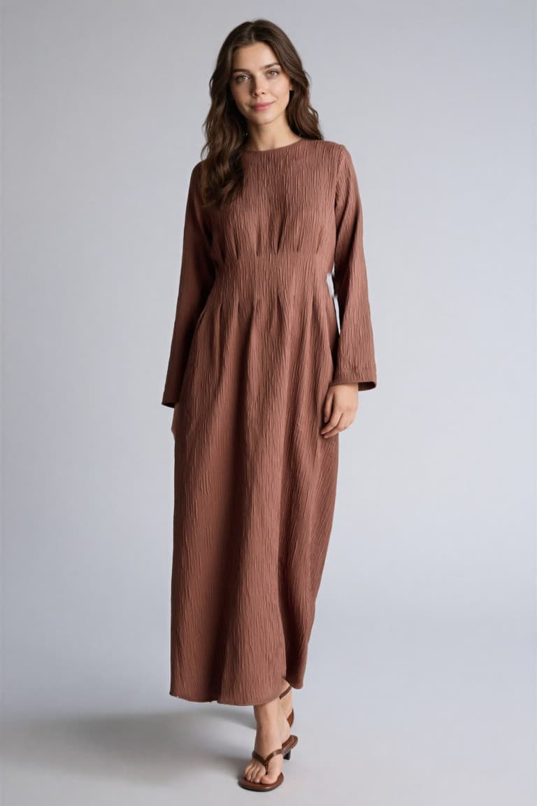 Crew Neck Crinkle Fabric Long Sleeve Dress Main image