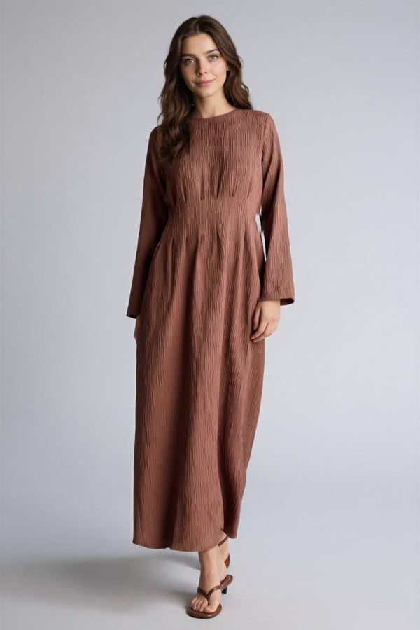 Crew Neck Crinkle Fabric Long Sleeve Dress