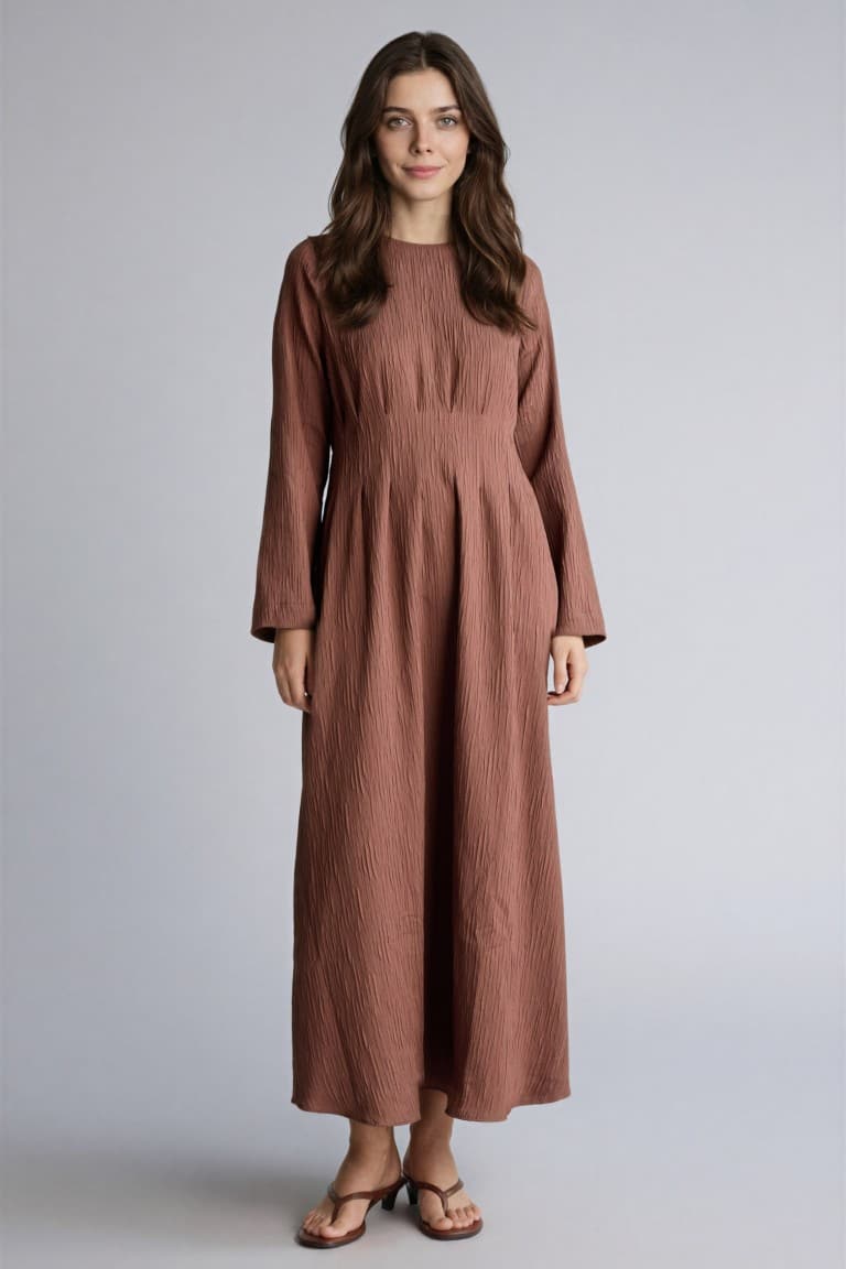 Crew Neck Crinkle Fabric Long Sleeve Dress Secondary image