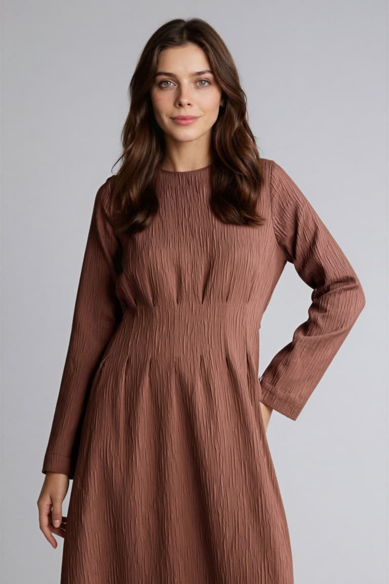 Crew Neck Crinkle Fabric Long Sleeve Dress