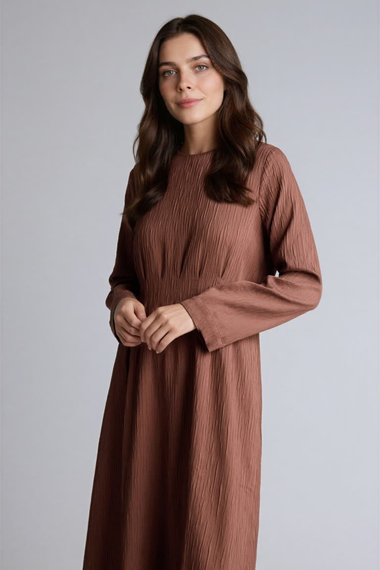 Crew Neck Crinkle Fabric Long Sleeve Dress