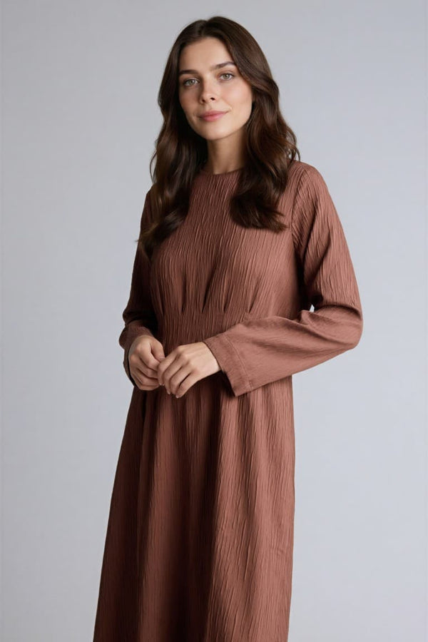 Crew Neck Crinkle Fabric Long Sleeve Dress