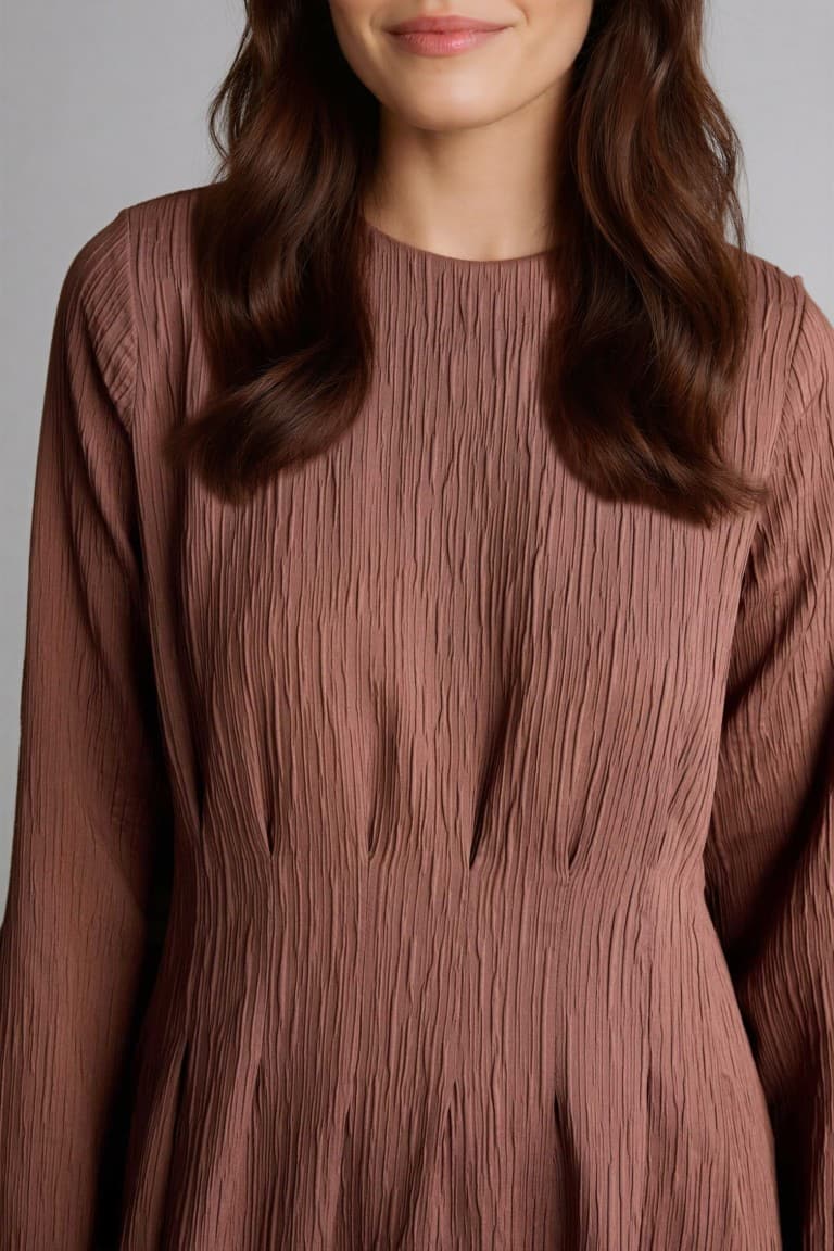 Crew Neck Crinkle Fabric Long Sleeve Dress