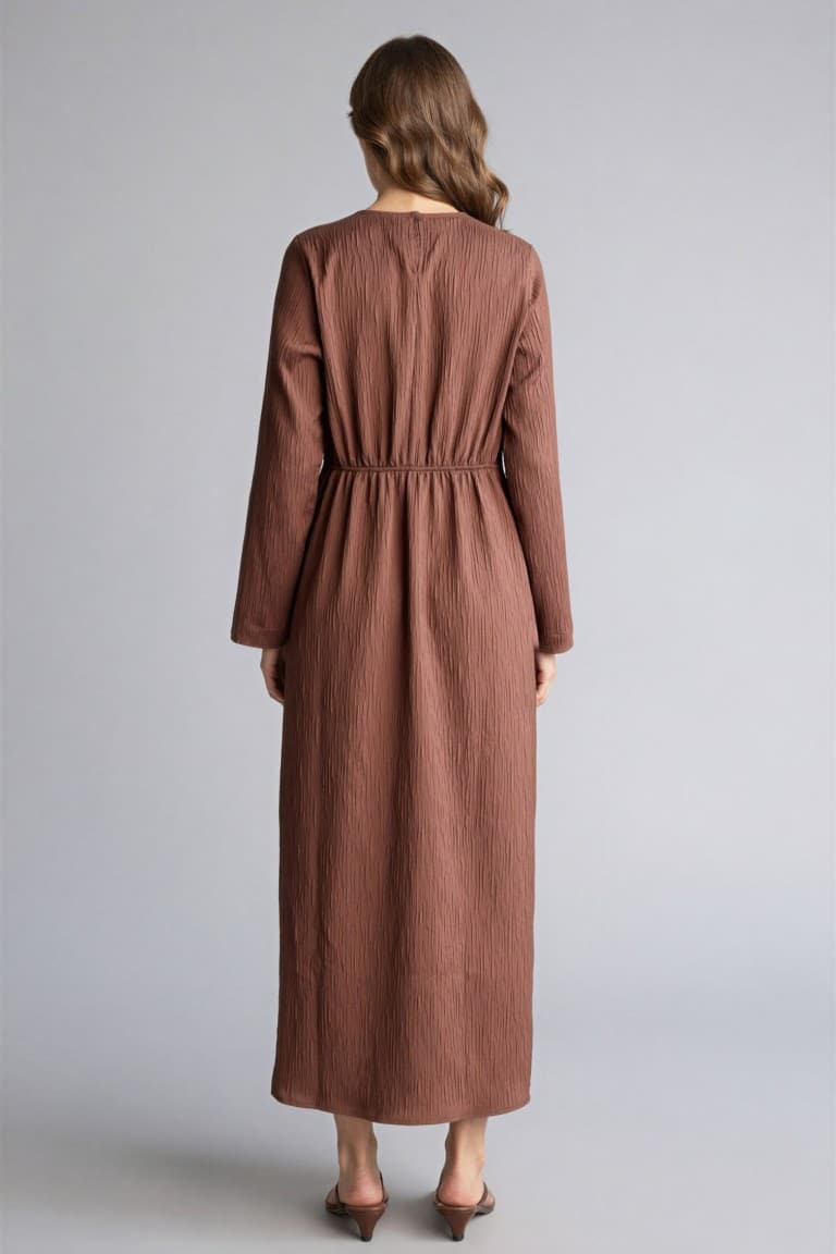 Crew Neck Crinkle Fabric Long Sleeve Dress