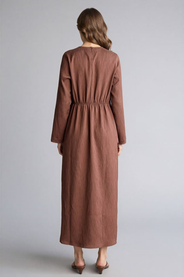 Crew Neck Crinkle Fabric Long Sleeve Dress