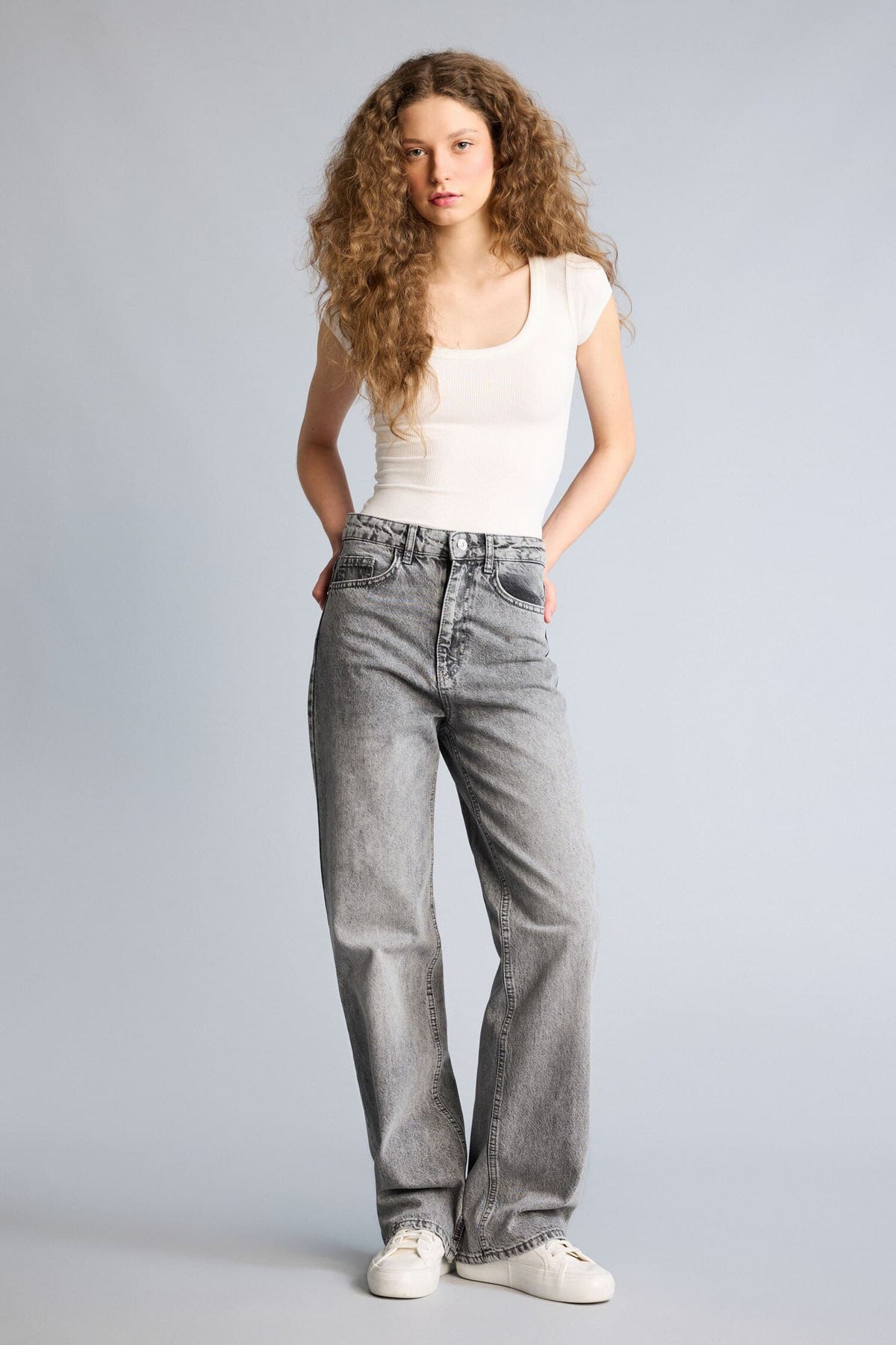100% Cotton Shiny Fit High Waist Long Jean Wash Trousers