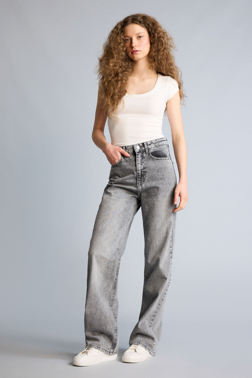 100% Cotton Shiny Fit High Waist Long Jean Wash Trousers