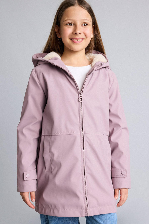 Water Repellent Plush Zipper Hooded Rose Color Raincoat Girls