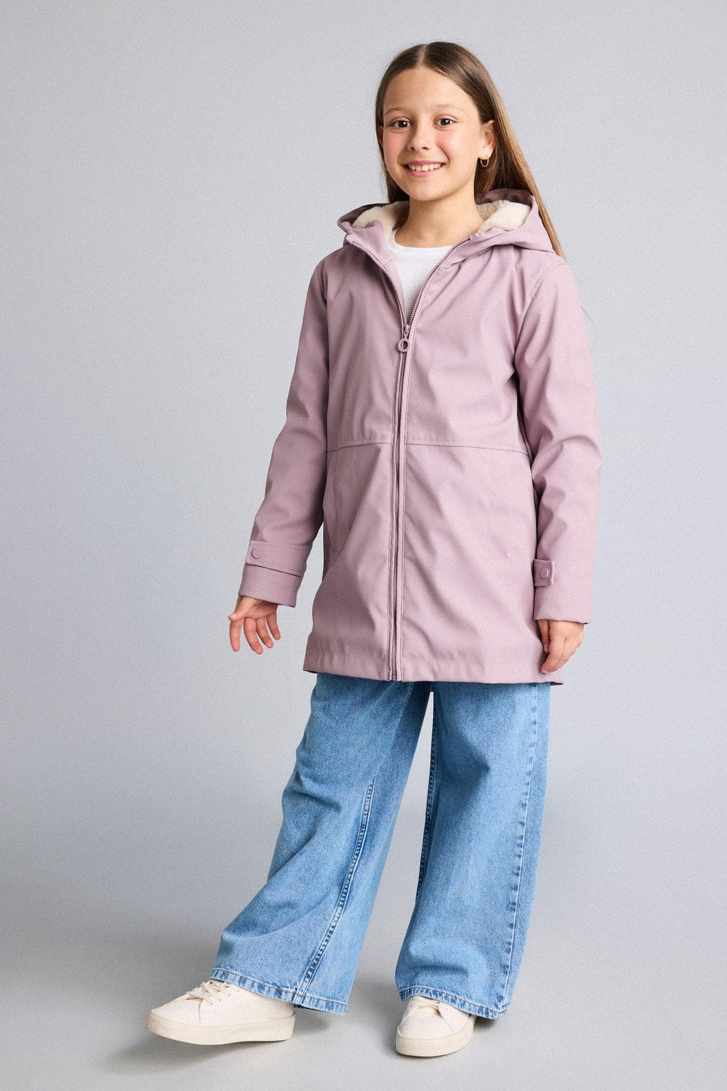 Water Repellent Plush Zipper Hooded Rose Color Raincoat Girls