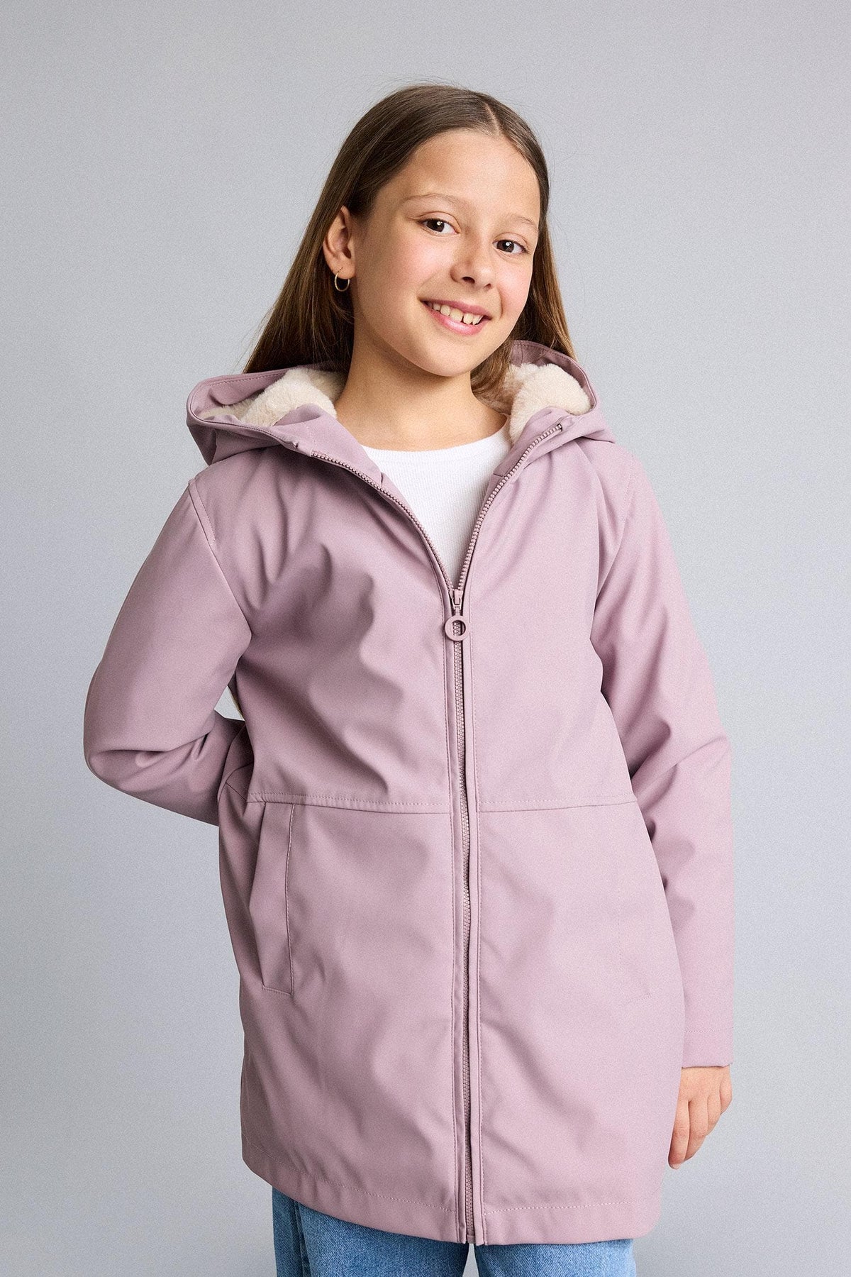 Water Repellent Plush Zipper Hooded Rose Color Raincoat Girls