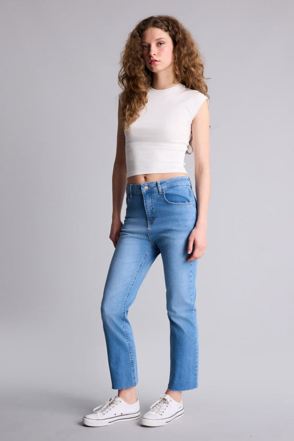 100% Cotton Crop Flare Fit High Waist Short Leg Ankle Length Jean Wash Trousers