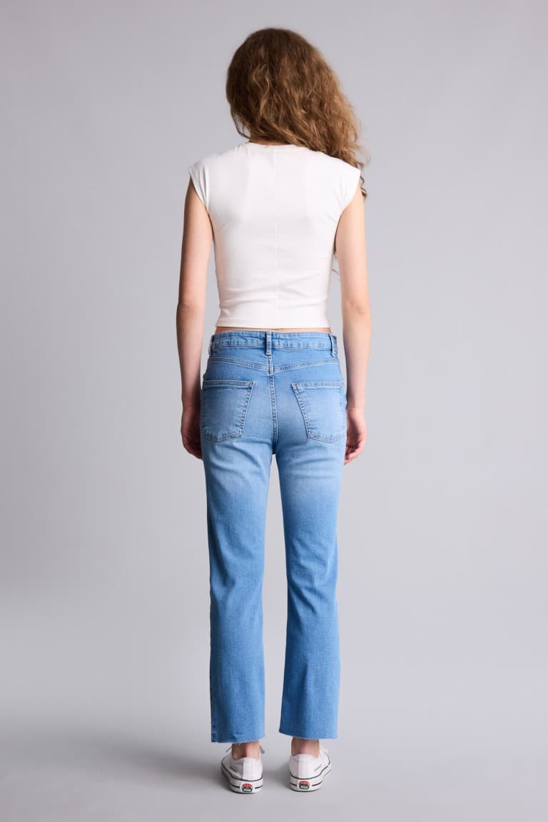 100% Cotton Crop Flare Fit High Waist Short Leg Ankle Length Jean Wash Trousers