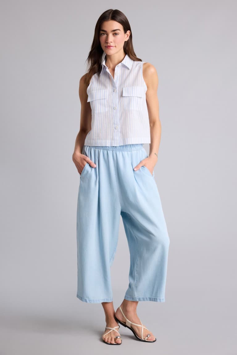 Barrel Fit High Waist Crop Fluid Fabric Light Blue Trousers