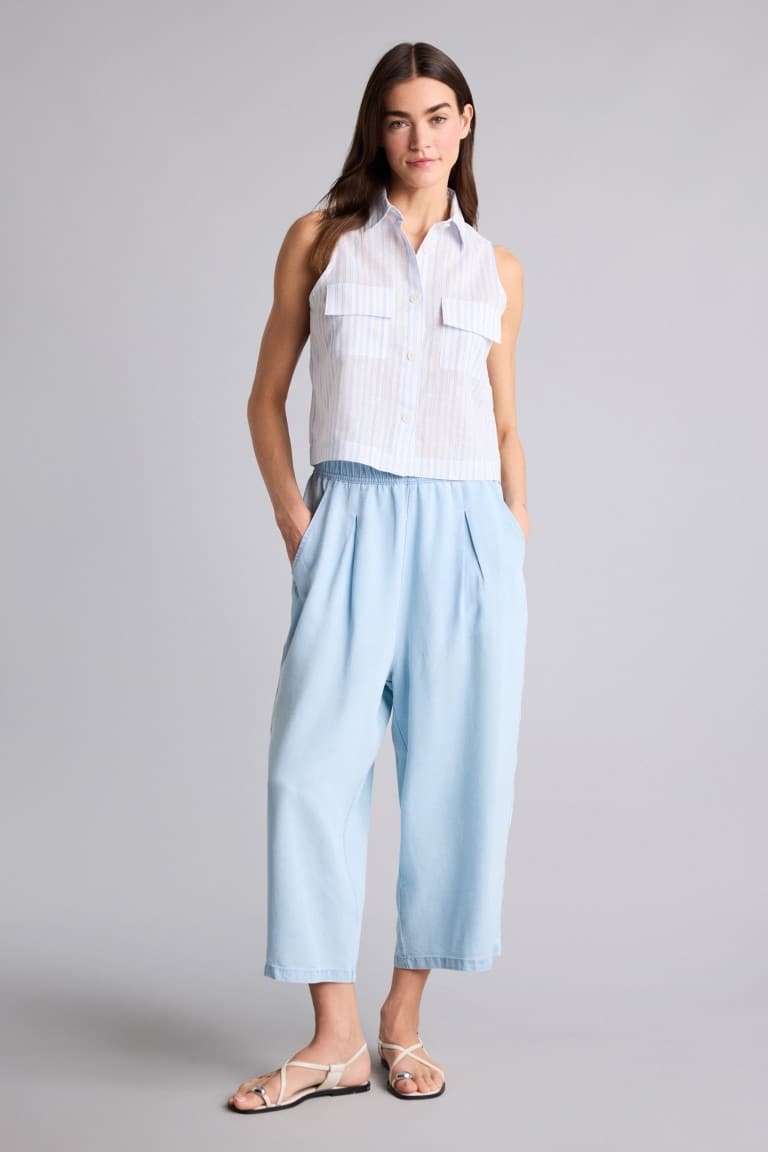 Barrel Fit High Waist Crop Fluid Fabric Light Blue Trousers