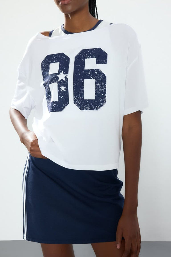 Loose Fit Boat Neck Printed Sports Modal Short Sleeve White T-Shirt