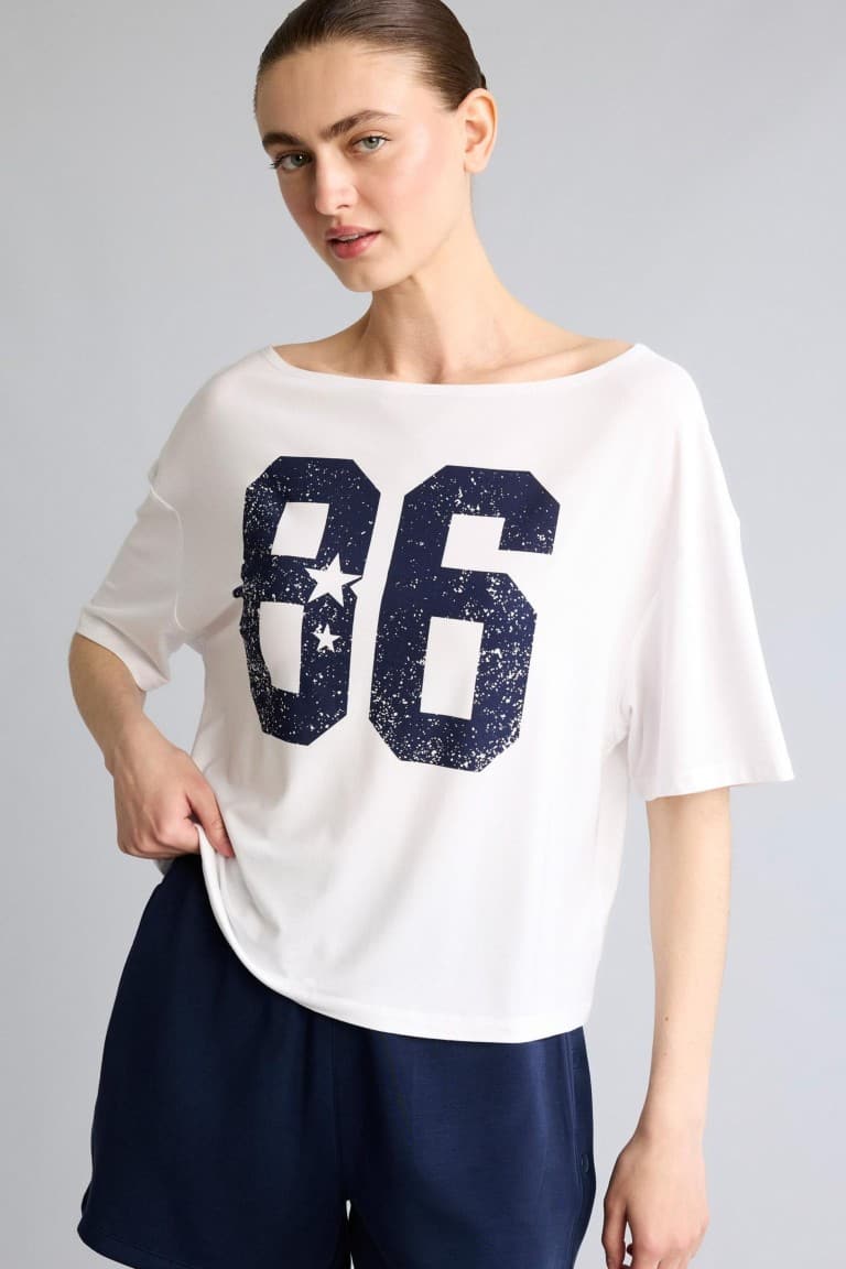 Loose Fit Boat Neck Printed Sports Modal Short Sleeve White T-Shirt
