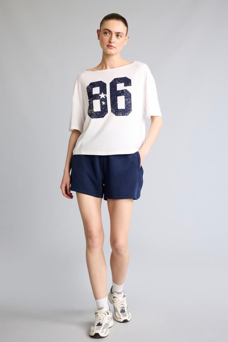 Loose Fit Boat Neck Printed Sports Modal Short Sleeve White T-Shirt