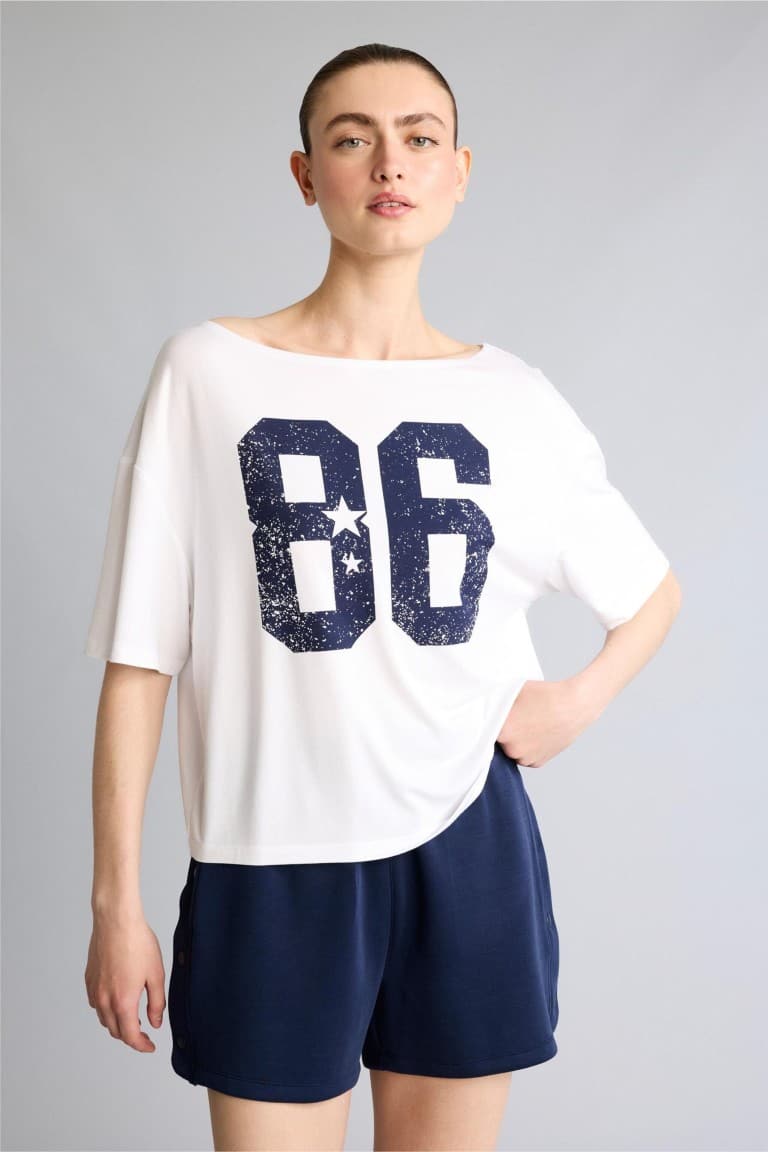 Loose Fit Boat Neck Printed Sports Modal Short Sleeve White T-Shirt