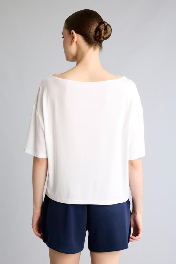 Loose Fit Boat Neck Printed Sports Modal Short Sleeve White T-Shirt
