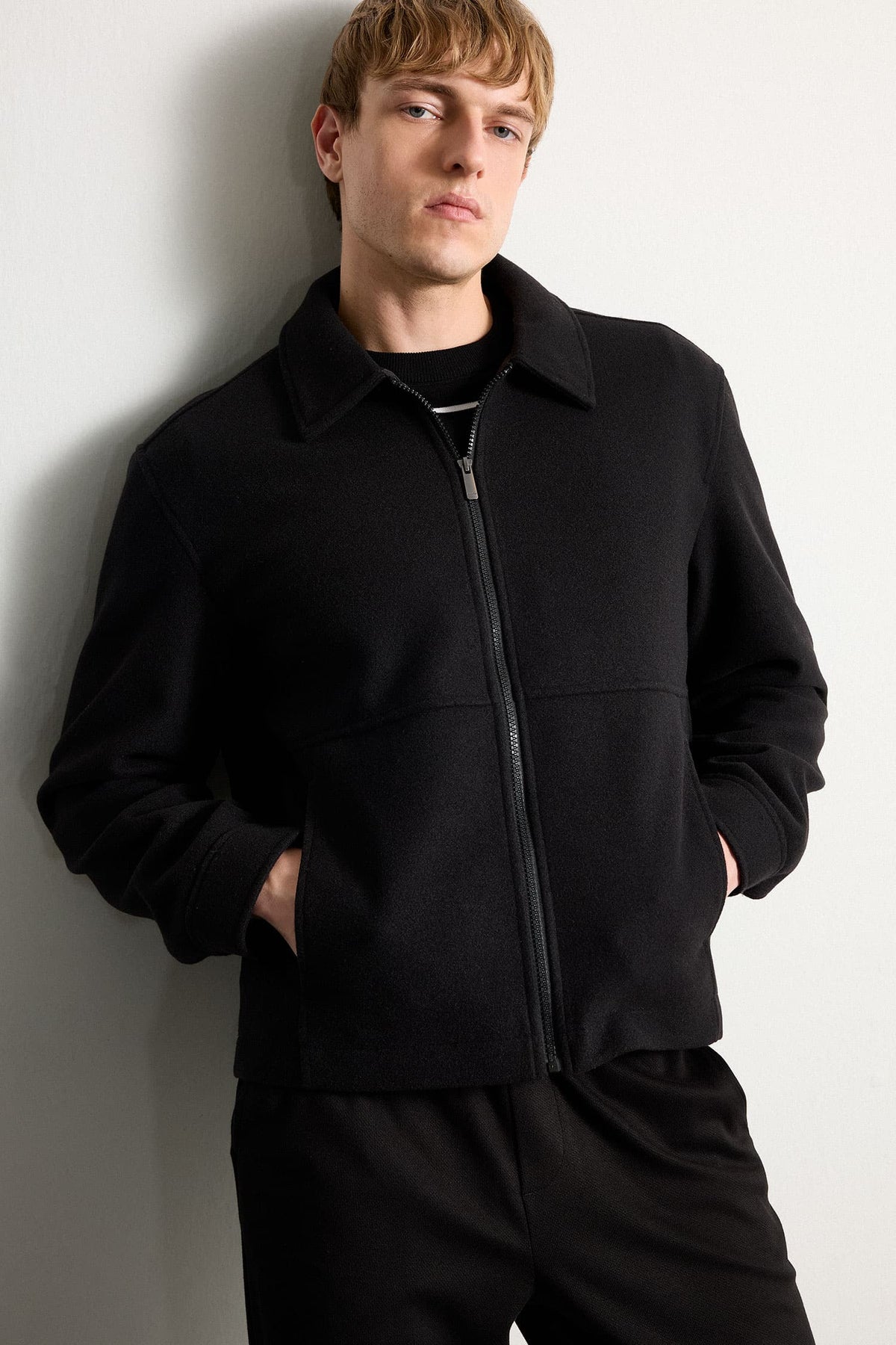 Regular Fit Polo Collar Lined Zippered Cachet Coat