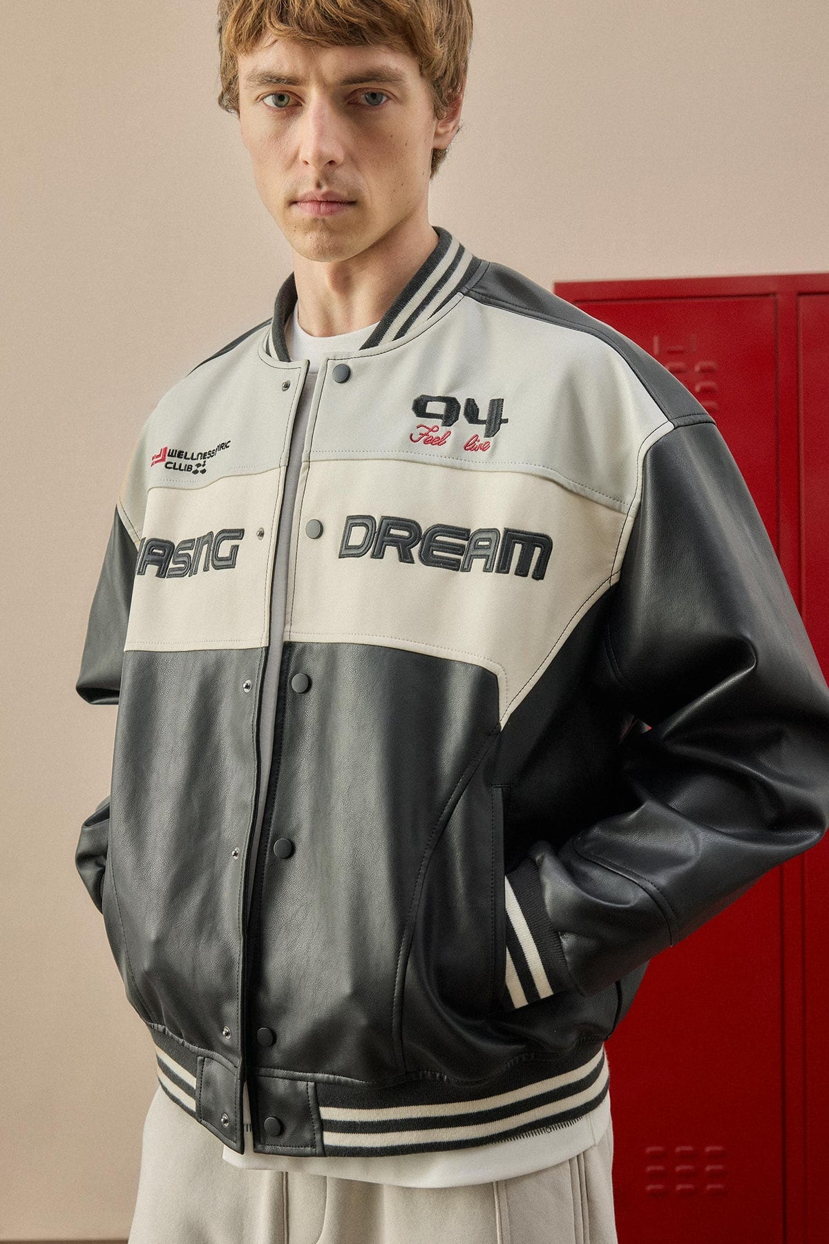 Oversize College Collar Bomber Embroidery Detailed Zippered Faux Leather Inner Pocket Coat Main image