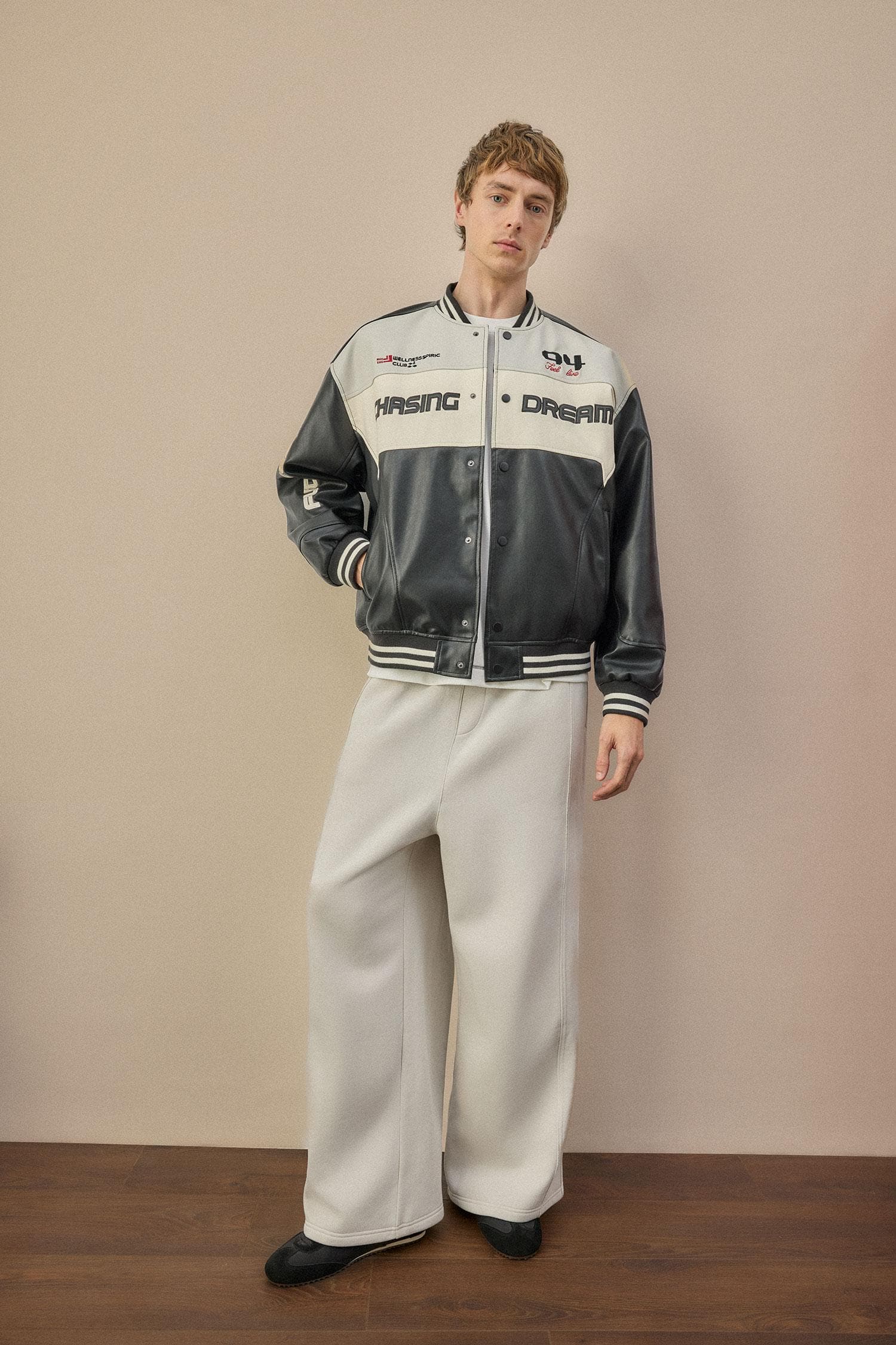 Oversize College Collar Bomber Embroidery Detailed Zippered Faux Leather Inner Pocket Coat Secondary image