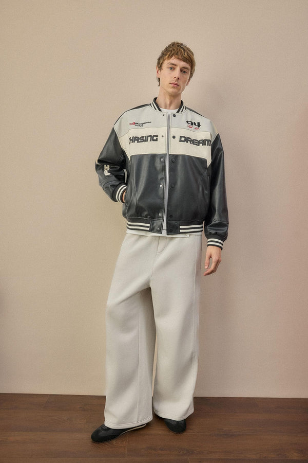 Oversize College Collar Bomber Embroidery Detailed Zippered Faux Leather Inner Pocket Coat
