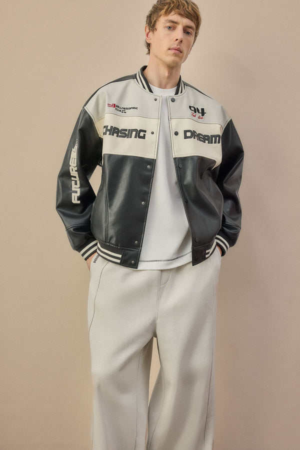 Oversize College Collar Bomber Embroidery Detailed Zippered Faux Leather Inner Pocket Coat