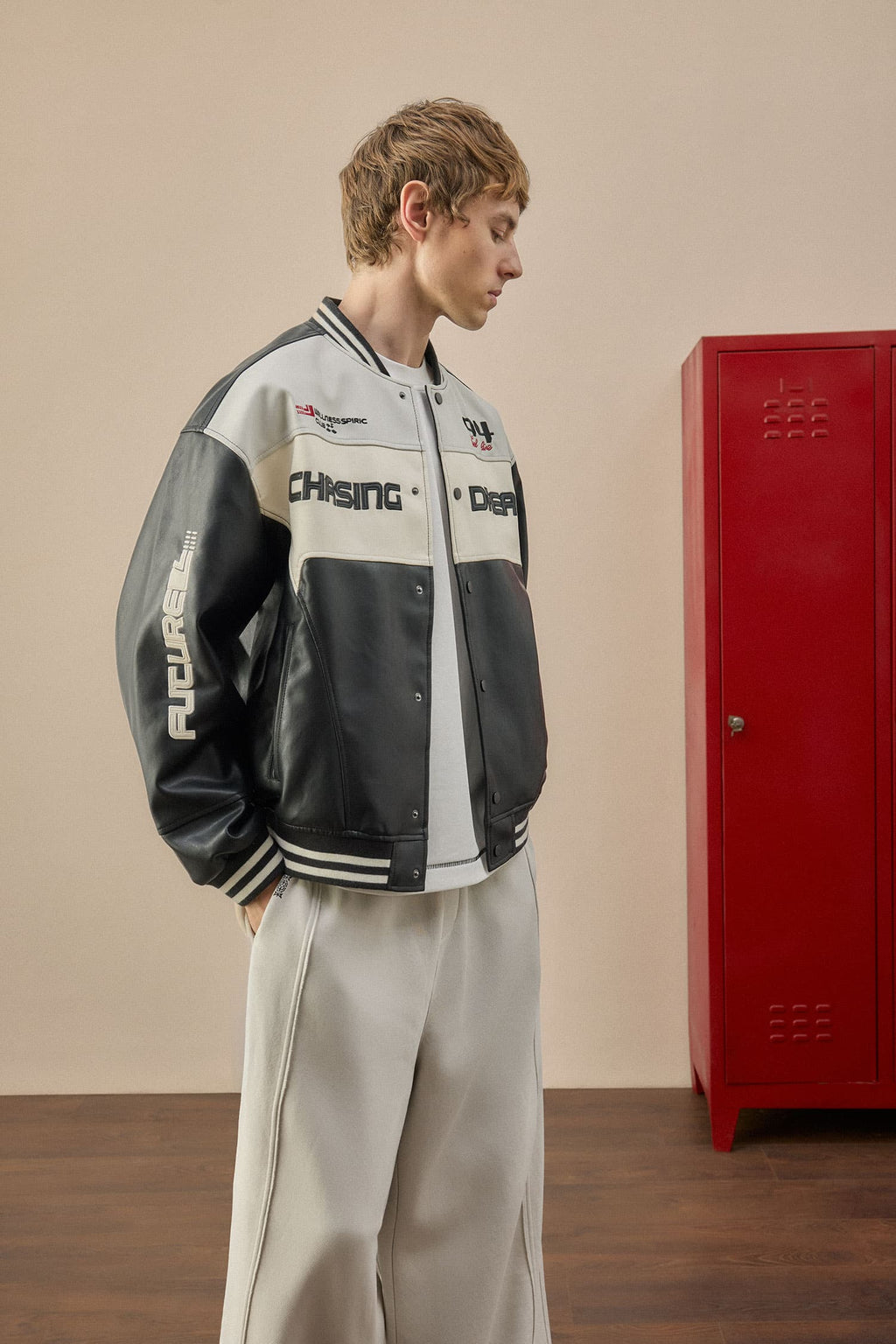 Oversize College Collar Bomber Embroidery Detailed Zippered Faux Leather Inner Pocket Coat