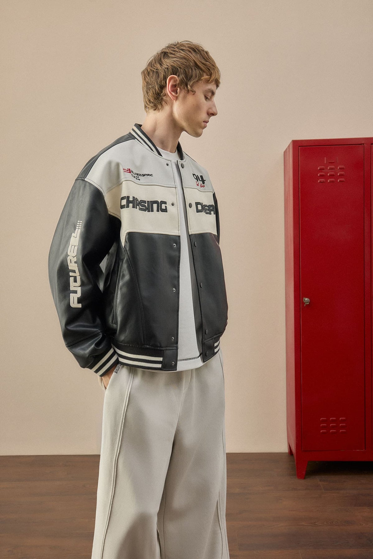 Oversize College Collar Bomber Embroidery Detailed Zippered Faux Leather Inner Pocket Coat