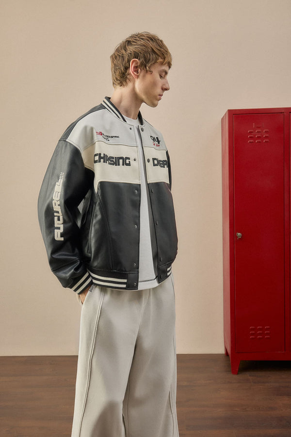 Oversize College Collar Bomber Embroidery Detailed Zippered Faux Leather Inner Pocket Coat